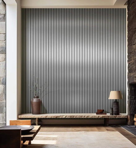 Dark grey acoustic slatted wall panel with felt backing

