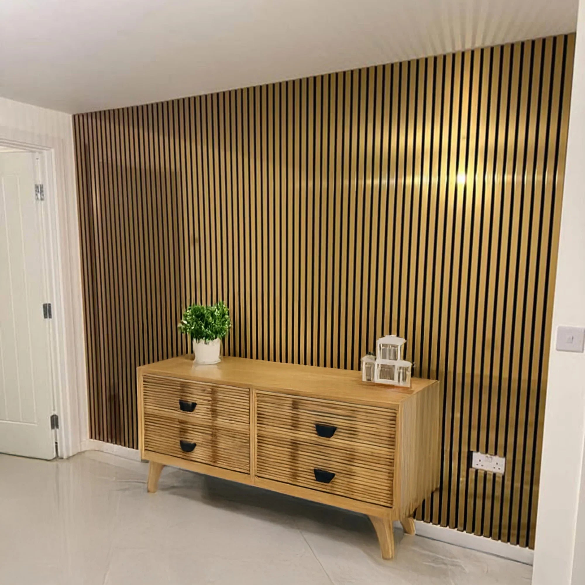 Acoustic slatted panel gold finish for living room

