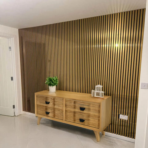 Acoustic slatted panel gold finish for living room

