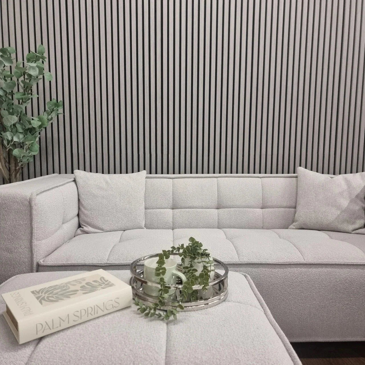 Ash grey wood acoustic slat wall panel modern décor UK

