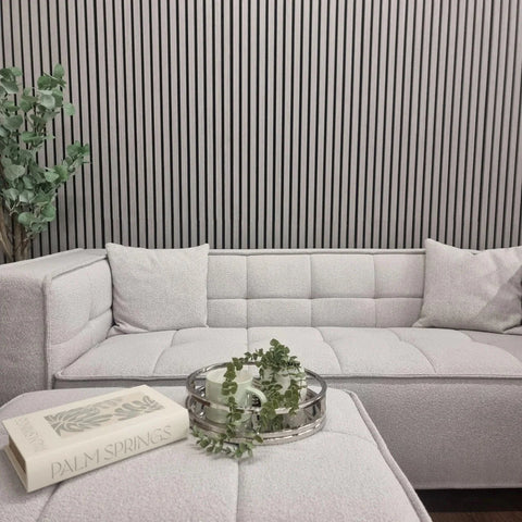 Ash grey wood acoustic slat wall panel modern décor UK

