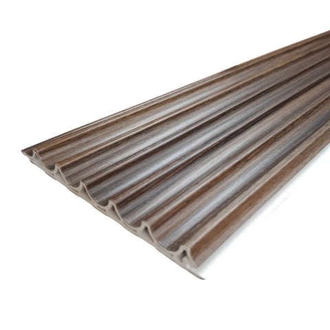 Walnut wave wall panels with stylish 3D texture and interlocking WPC cladding for modern interior feature walls.

