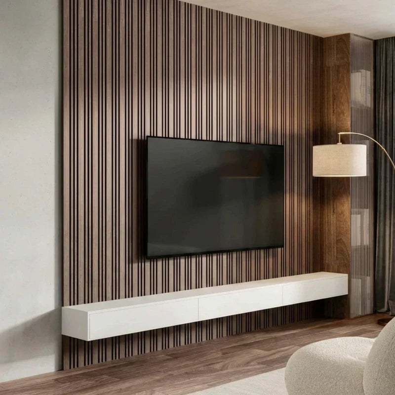 Multi-width walnut acoustic wall panels 60x240cm UK interior Prime Furnishing

