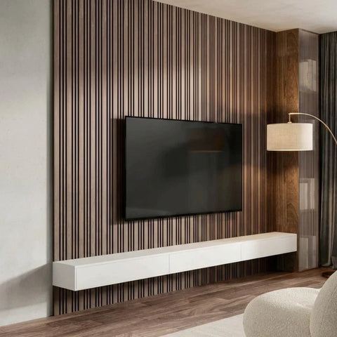Multi-width walnut acoustic wall panels 60x240cm UK interior Prime Furnishing


