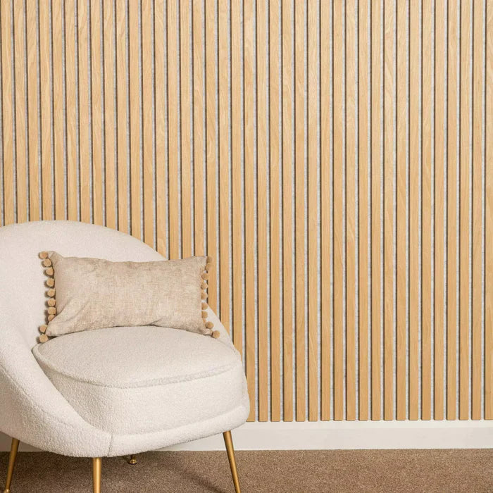 Modern oak acoustic slatted wall panel easy install Prime Furnishing UK

