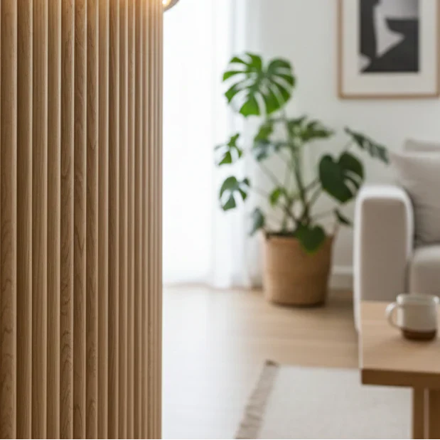 Modern flexible oak fluted wall panel décor UK living space

