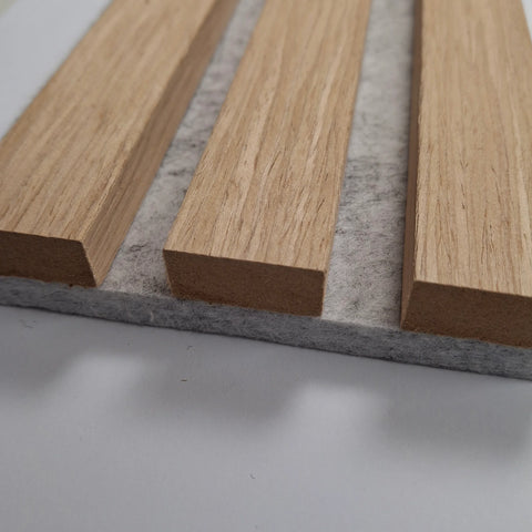 Oak on grey felt acoustic slatted wall panel 240x32cm UK interior


