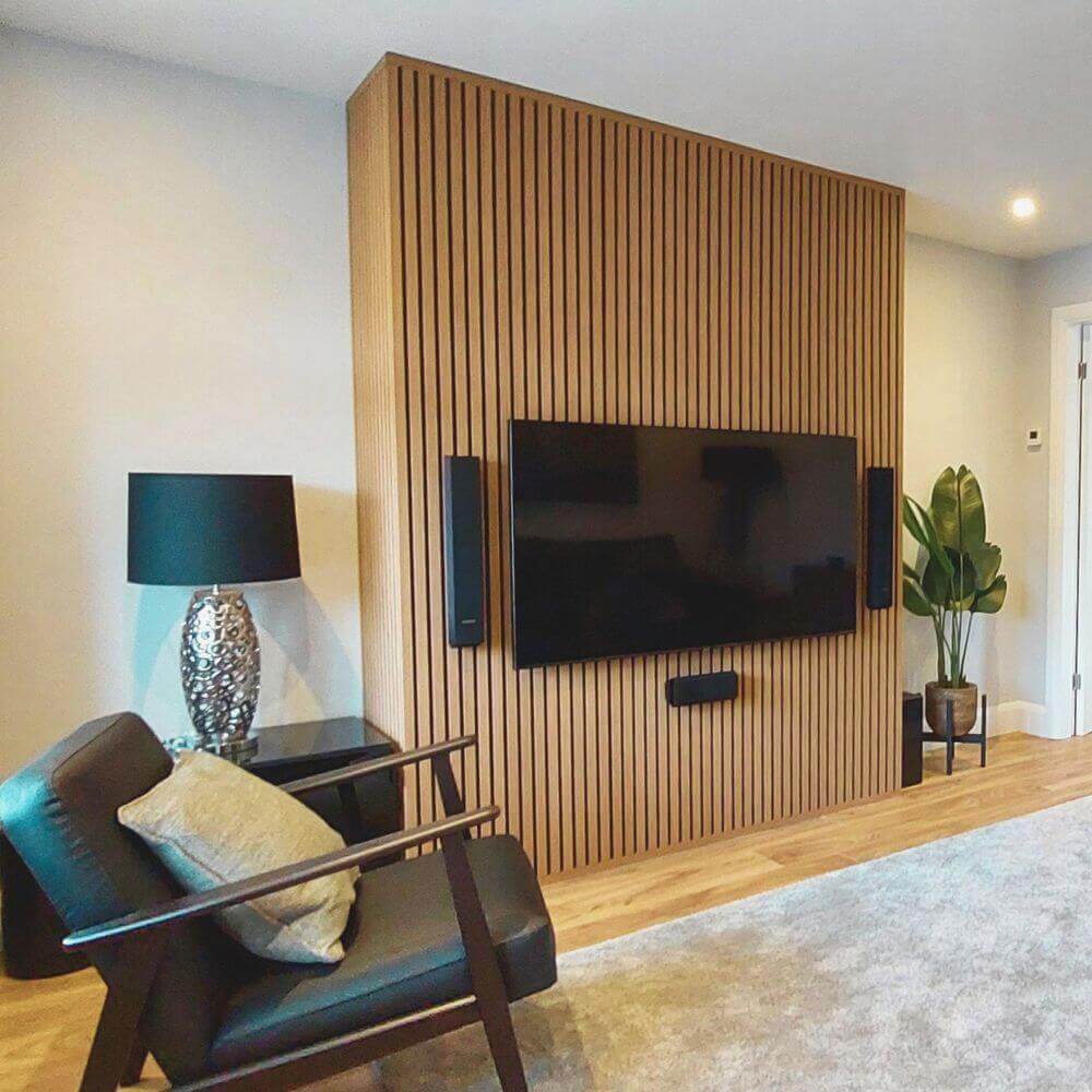 Oak acoustic wall panel for living room feature wall

