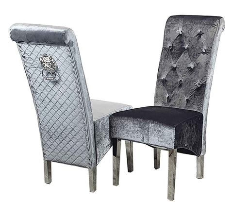 Emma Chrome Grey Shimmer Velvet Dining Chairs SOLID FURNITURE