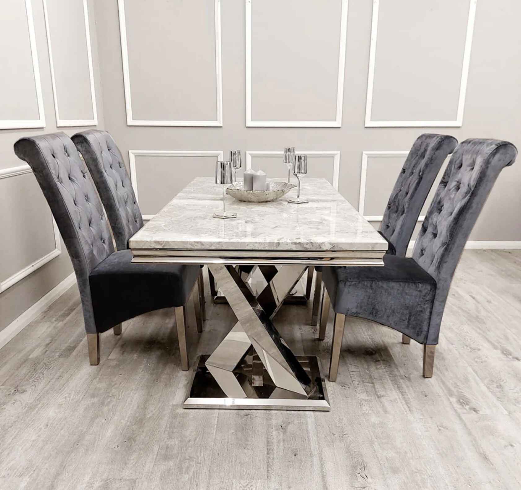 Emma Chrome Grey Shimmer Velvet Dining Chairs SOLID FURNITURE
