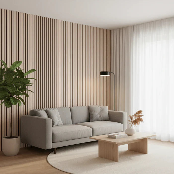 Oak wood acoustic slat panel easy install Prime Furnishing UK


