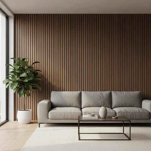 Premium walnut wood veneer acoustic slat panel feature wall

