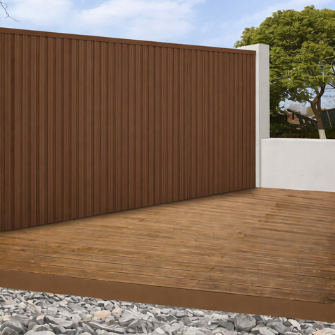 Vertical light brown  composite slatted wall panels for exterior garden cladding

