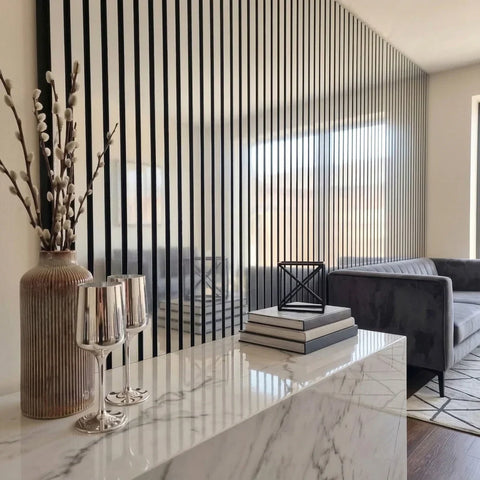 Shiny Silver Acoustic Slatted Wall Panel 240 × 60 cm – Modern Sound-Absorbing Feature Wall | PRIME FURNISHING UK