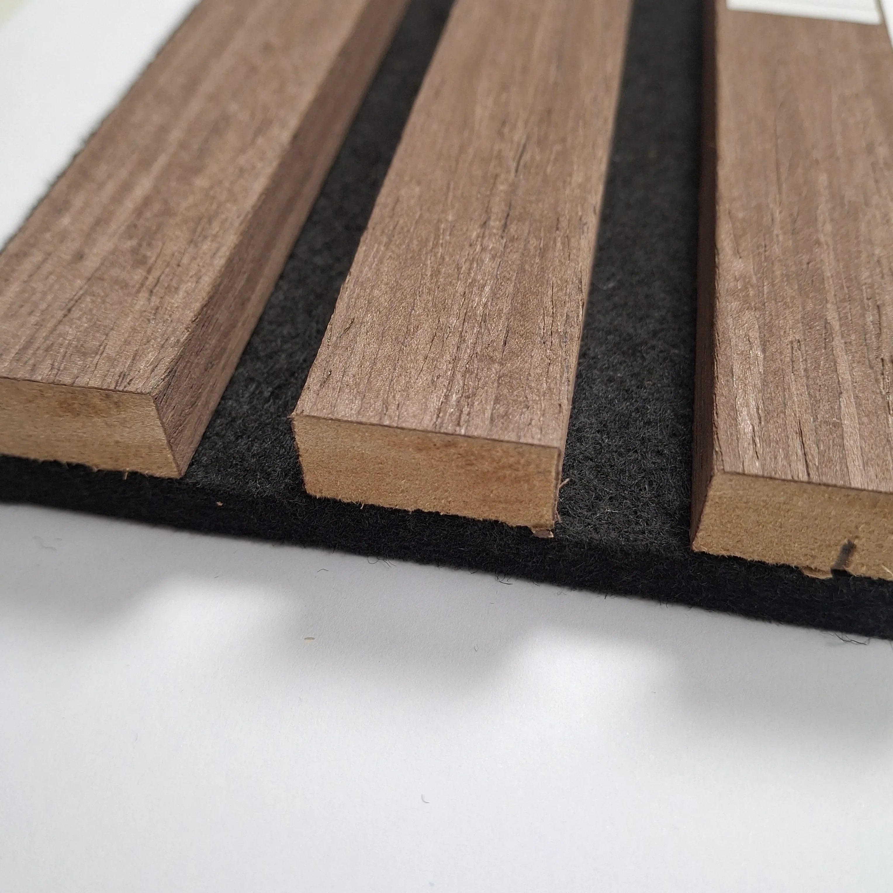 Smoked oak acoustic slatted wall panels 240x32cm UK interior


