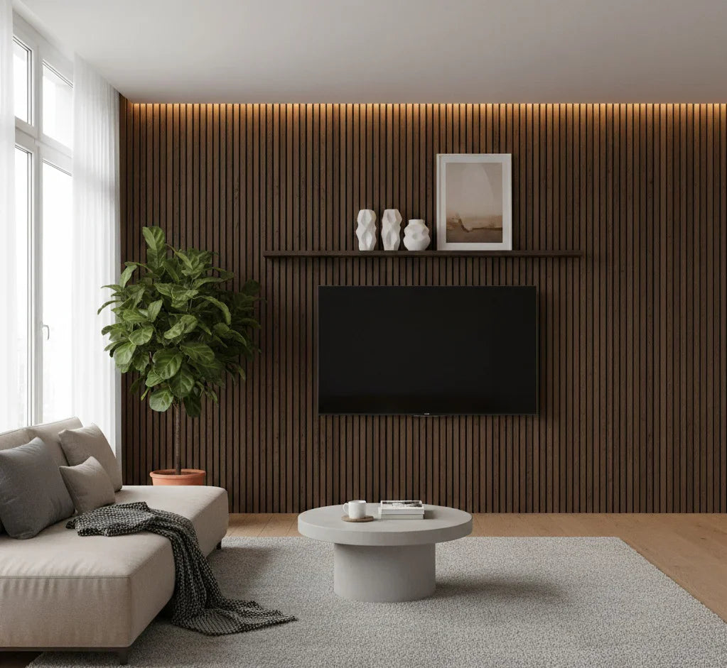 Smoked oak acoustic slatted wall panel easy install Prime Furnishing UK

