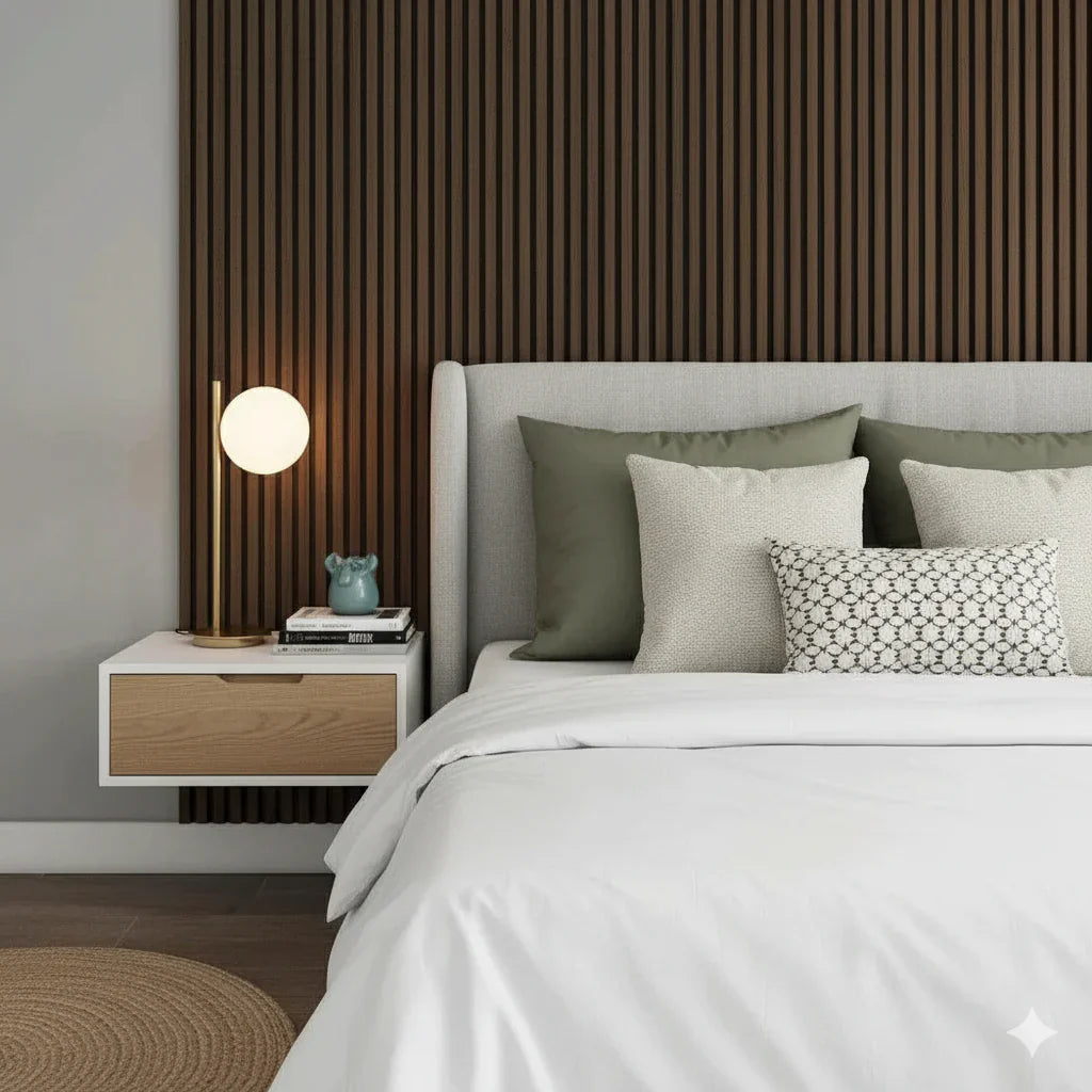 Premium smoked oak wood veneer acoustic slat panel feature wall

