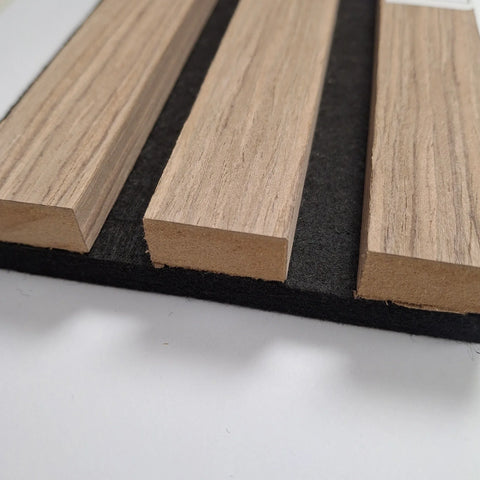 Walnut acoustic slatted wall panels 240x32cm UK interior

