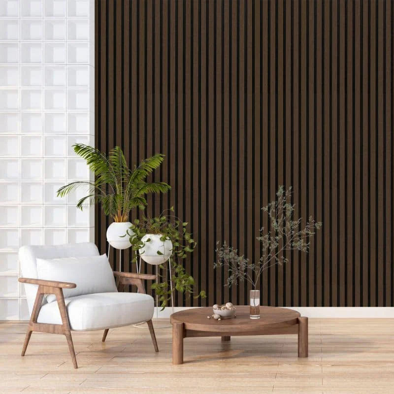 Walnut acoustic wall panel for living room décor

