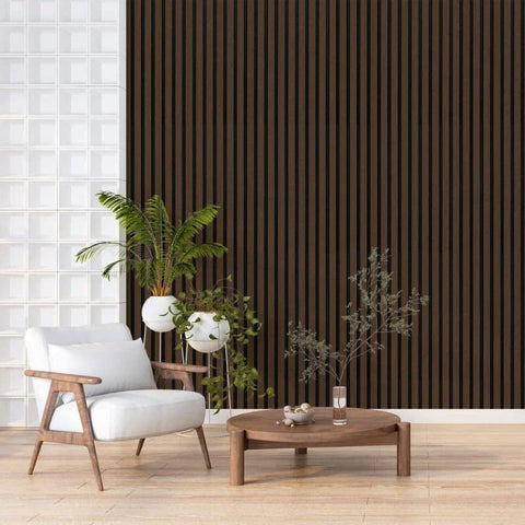Walnut acoustic wall panel for living room décor

