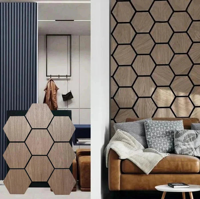 Sound-absorbing walnut hexagon acoustic panels modern décor UK

