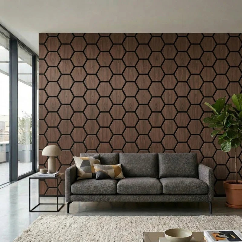 Sound absorbing walnut hexagon acoustic panels modern décor UK

