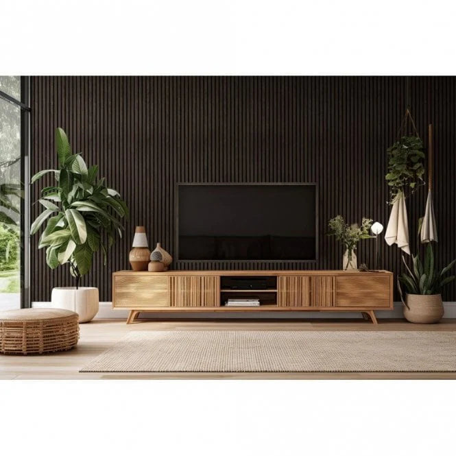 Wood tone acoustic slatted wall panel interior décor

