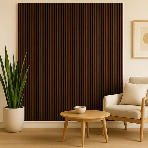 Modern walnut WPC wave wall panel cladding with textured wave pattern for living room feature walls.

