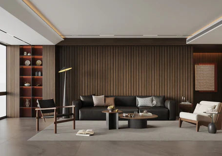 Modern walnut wood-effect seamless wall panels made from WPC for stylish UK interiors