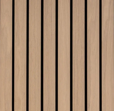 Wide slat premium oak 3-sided wood veneer acoustic wall panels 240x30cm UK interior

