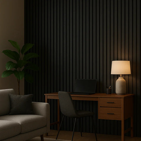Black feature wall acoustic panels modern design

