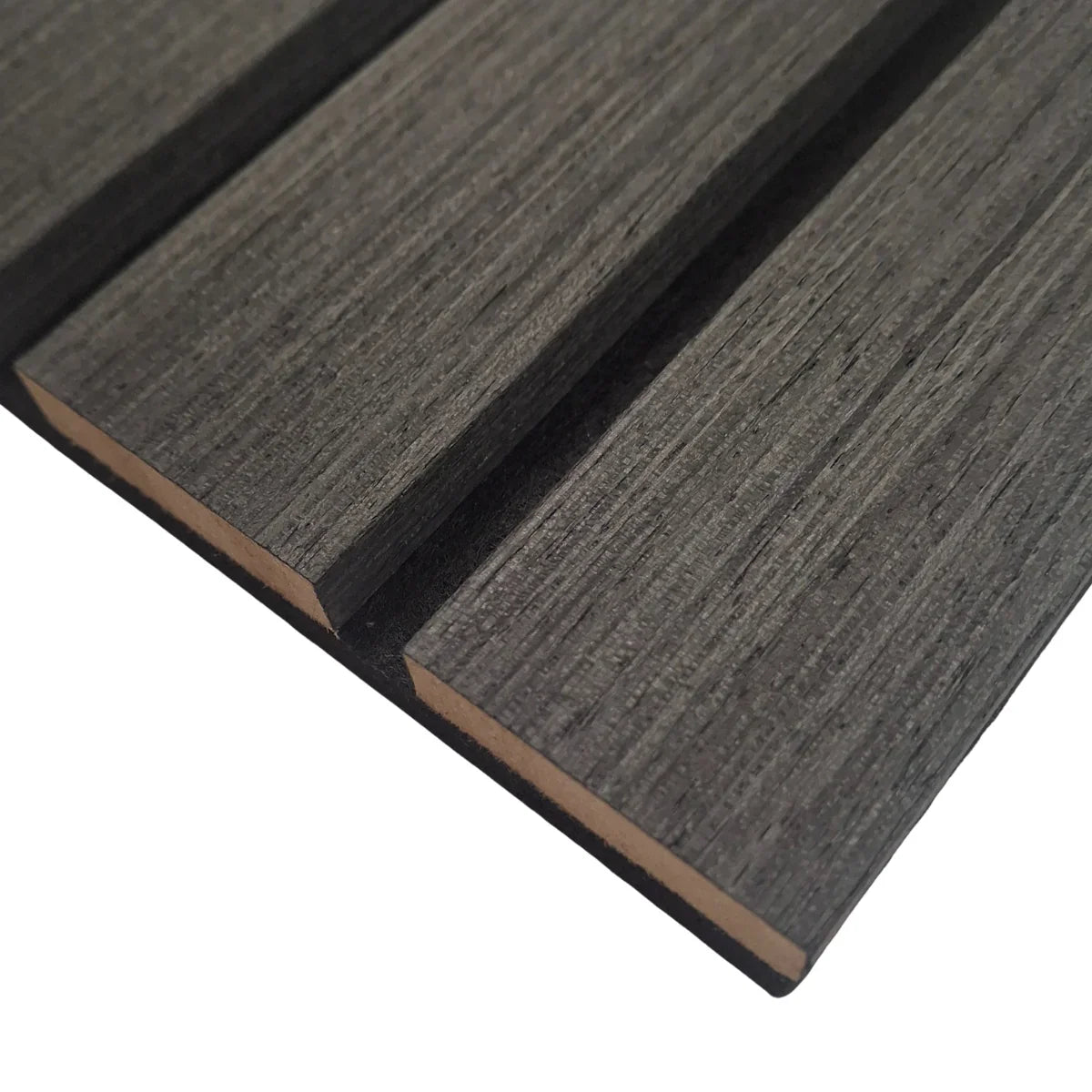 Premium black oak acoustic wall panel vertical slat design UK

