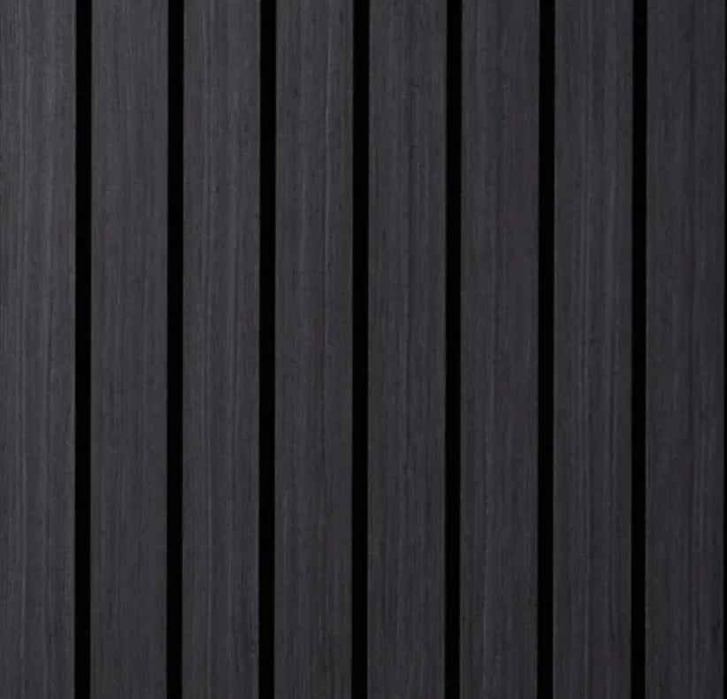 Wide slat black oak wood veneer acoustic wall panels 240x30cm UK interior

