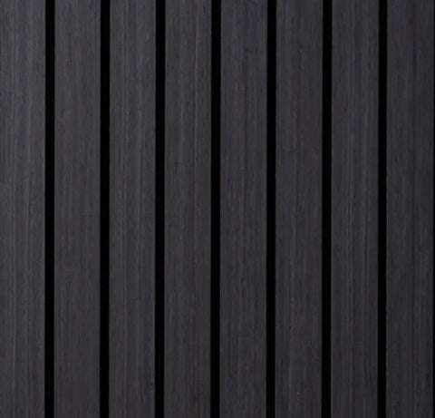 Wide slat black oak wood veneer acoustic wall panels 240x30cm UK interior

