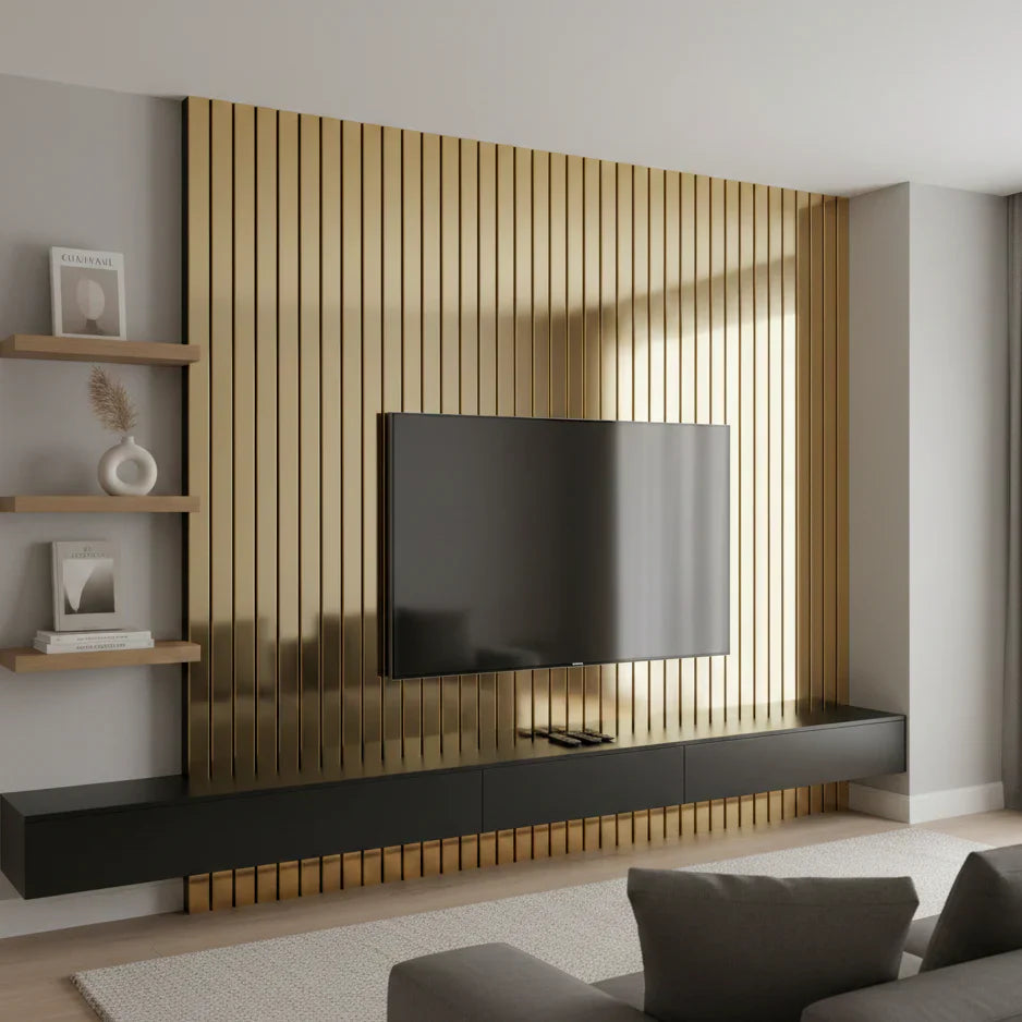 Gold wide slat acoustic wall panel close up modern décor

