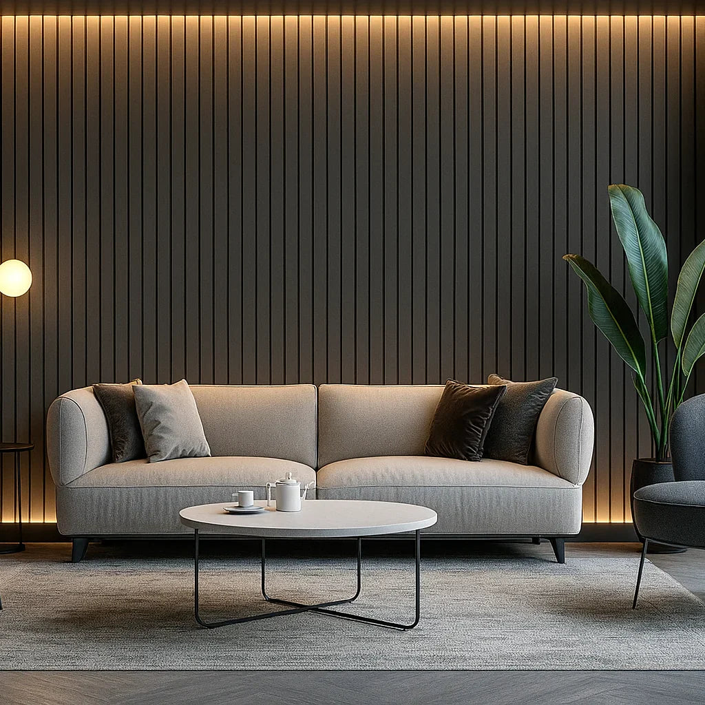 Grey slatted wall panels for home office interior décor

