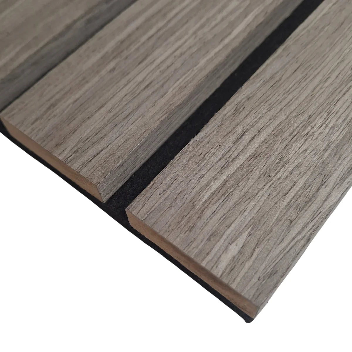 Modern grey oak acoustic wall panel vertical slat design UK


