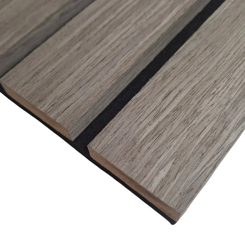 Modern grey oak acoustic wall panel vertical slat design UK

