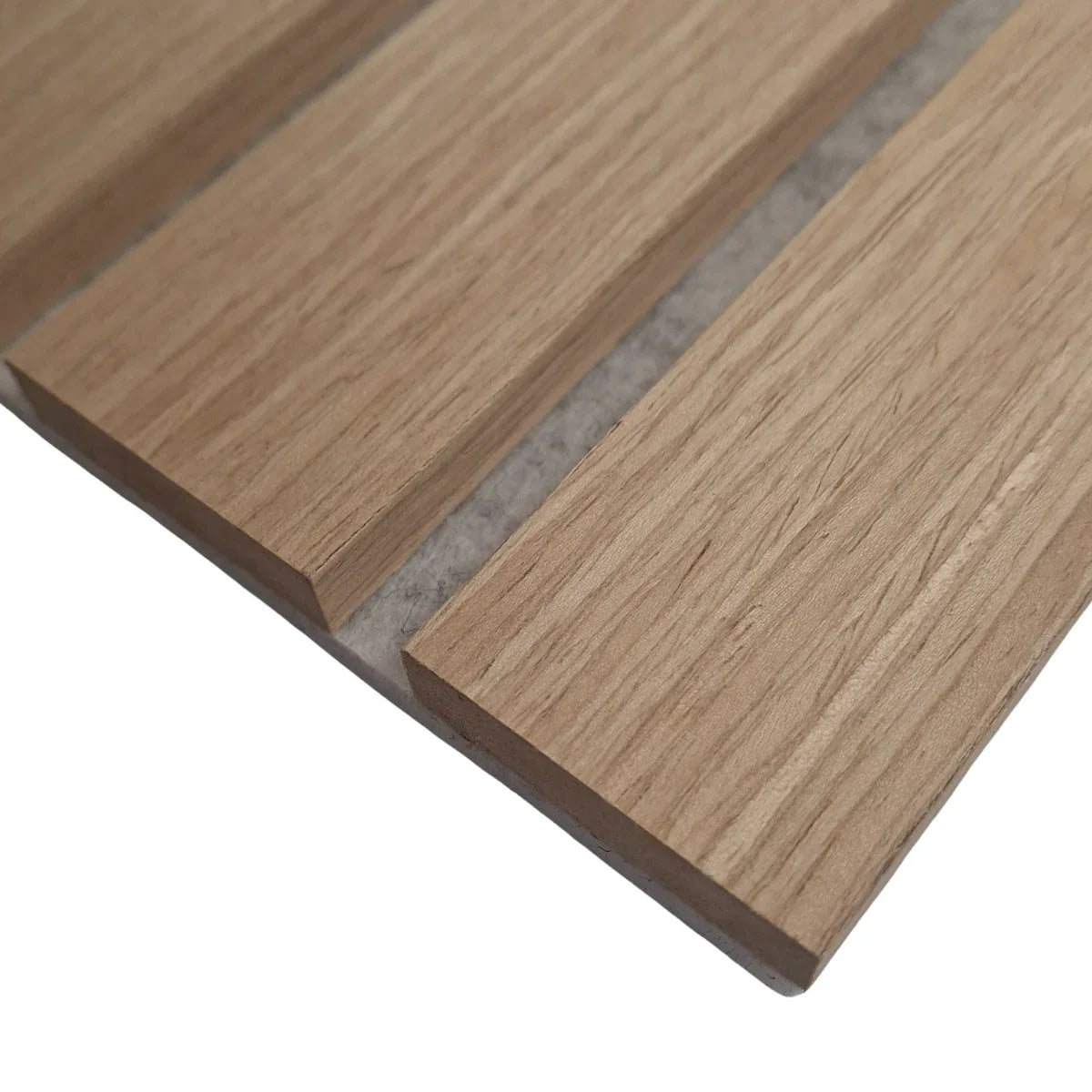 Oak wood veneer acoustic wall panels with grey felt backing Prime Furnishing

