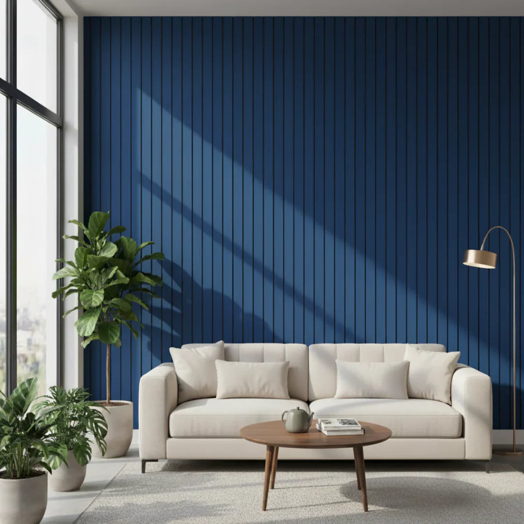 Blue wide slat wall panel modern décor acoustic UK

