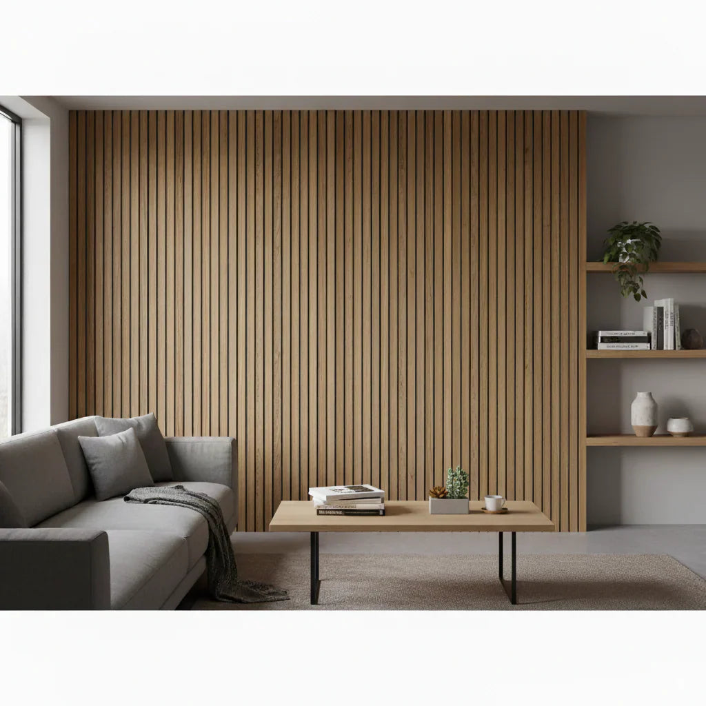 Feature wall wide slat oak wood veneer acoustic panels UK décor

