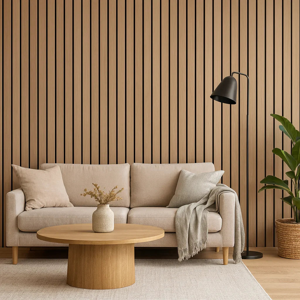 Modern oak wide slat acoustic wall panels with real wood veneer finish

